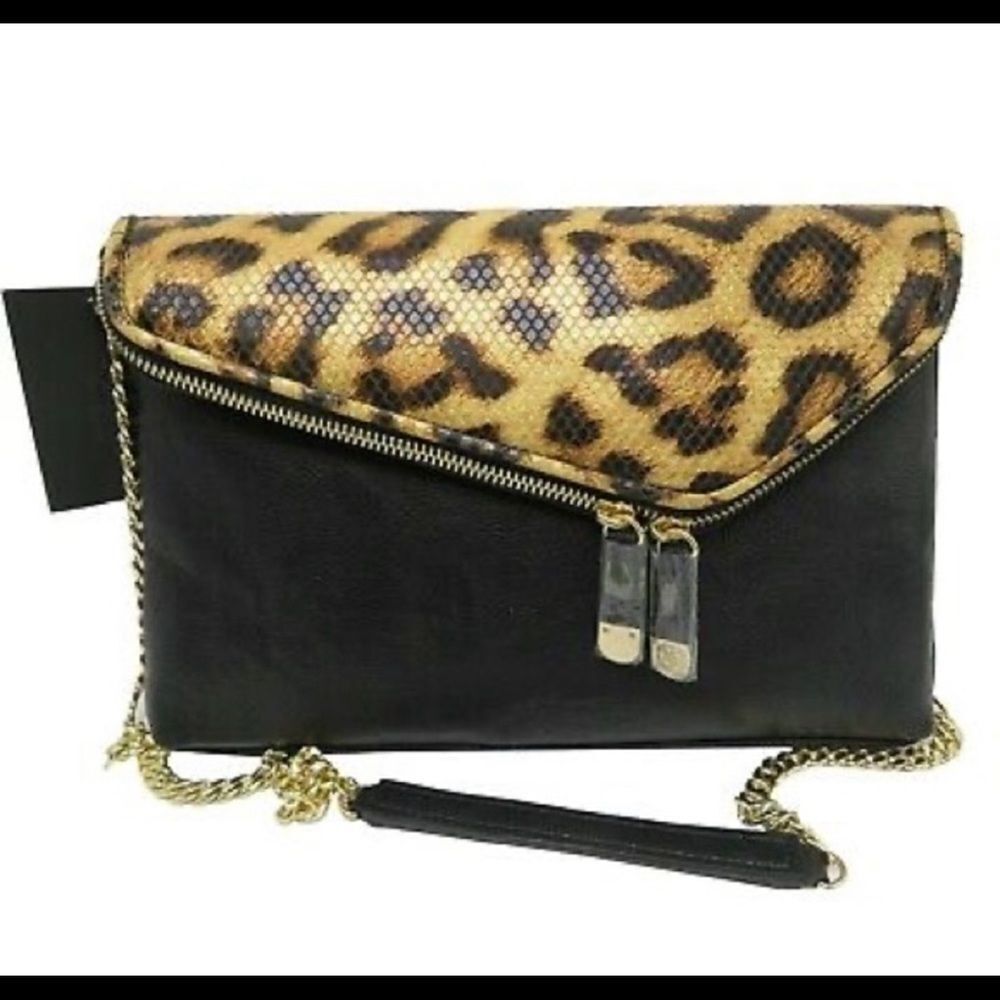 NWT *GUESS* LEOPARD BLK GOLD SPARKLE ENVELOPE CHAIN CLUTCH PURSE #MOBWIFE